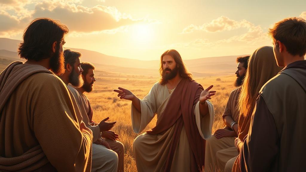 A serene depiction of Jesus teaching a diverse group of followers, set against a backdrop of a sunlit landscape.