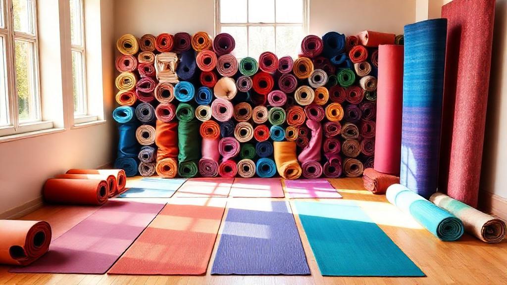 A vibrant, inviting display of diverse yoga mats arranged in a sunlit studio, each showcasing unique colors and textures, ready for every style of practice.