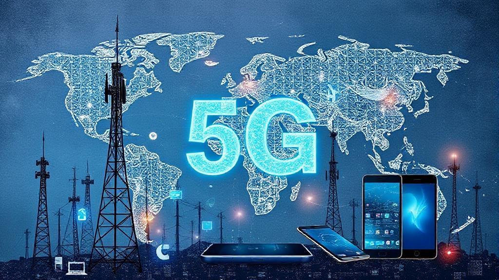 A dynamic collage of cell phone towers, 5G symbols, and smartphones against a backdrop of a world map highlighting connectivity.
