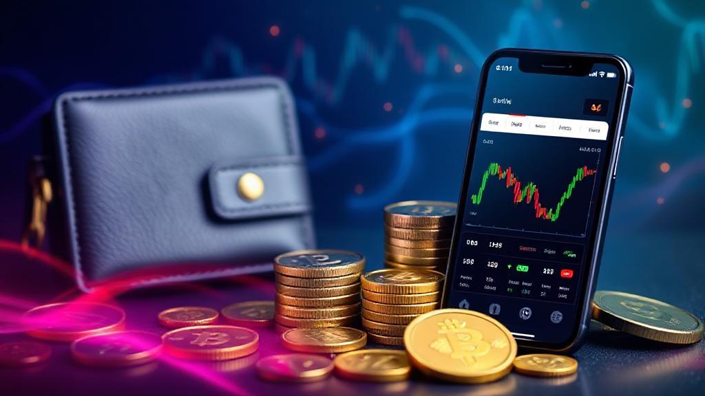 A dynamic header image featuring a digital wallet, various cryptocurrency coins, and a smartphone displaying a trading app interface.
