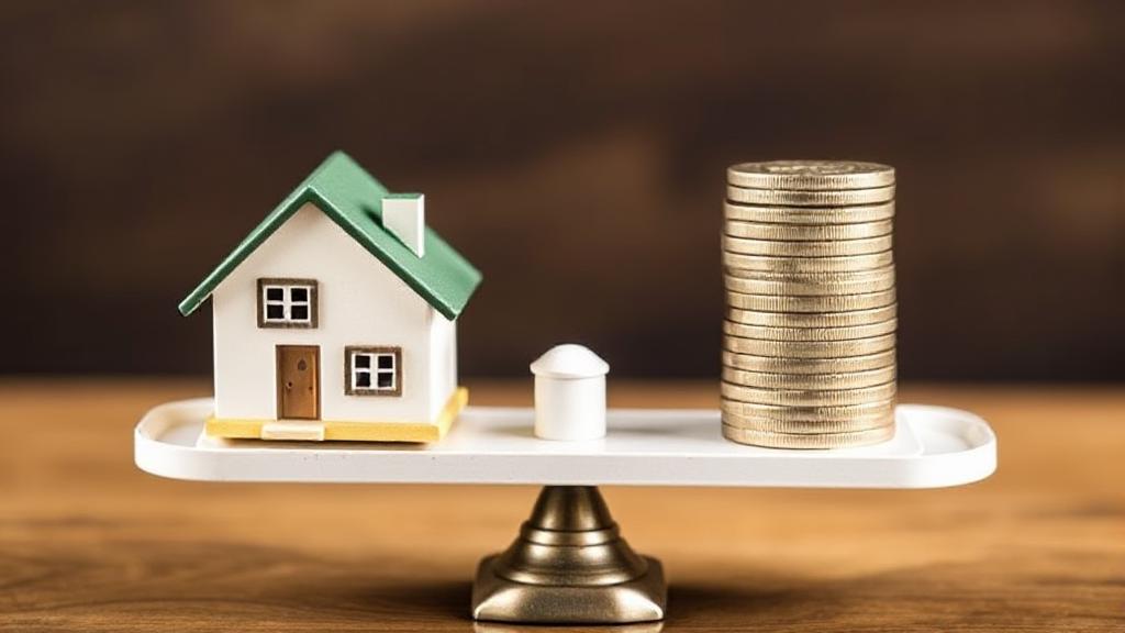 A balanced scale with a house on one side and a stack of coins on the other, symbolizing the evaluation of rental value.