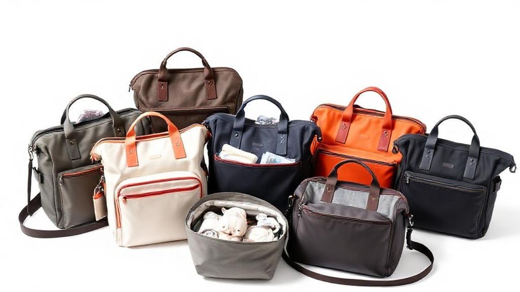 A stylish assortment of modern diaper bags in various colors and designs, neatly arranged with baby essentials peeking out, set against a clean, bright background.