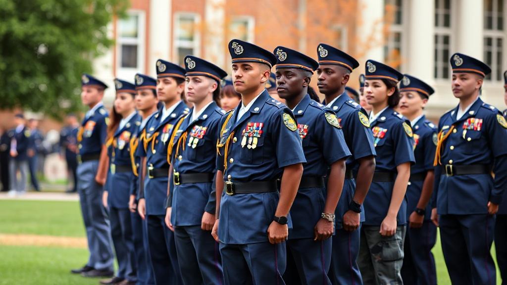A diverse group of ROTC cadets in uniform standing in formation on a college campus, symbolizing leadership and education.