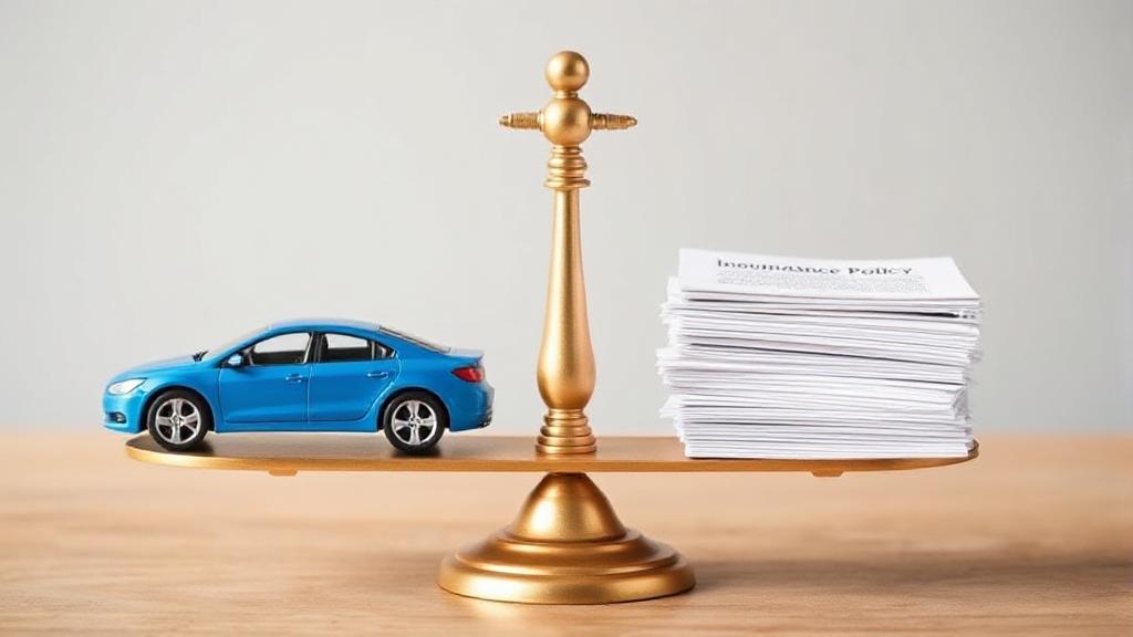 A balanced scale with a car on one side and a stack of insurance policy documents on the other, symbolizing the decision-making process for auto insurance coverage.