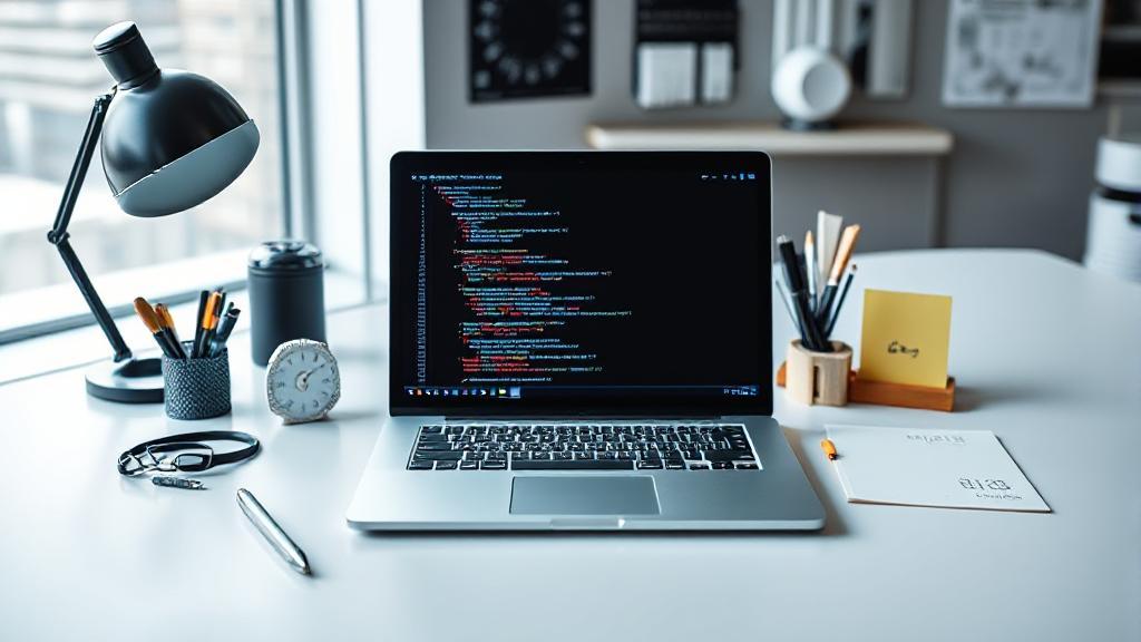 A sleek, modern workspace featuring a laptop displaying code, surrounded by web design tools and notes, symbolizing the process of building websites.