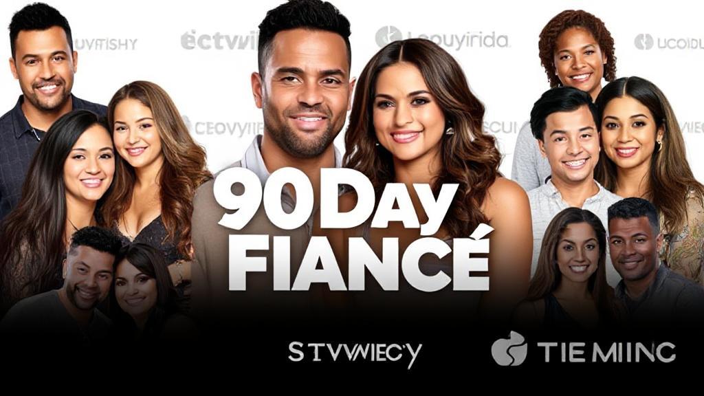 A collage of popular couples from "90 Day Fiancé" with streaming platform logos in the background.