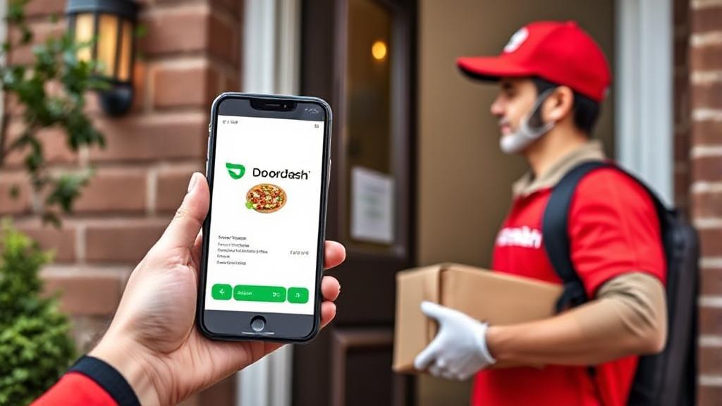 A DoorDash driver in a red uniform delivering food to a customer's doorstep, with a smartphone displaying the DoorDash app in the foreground.