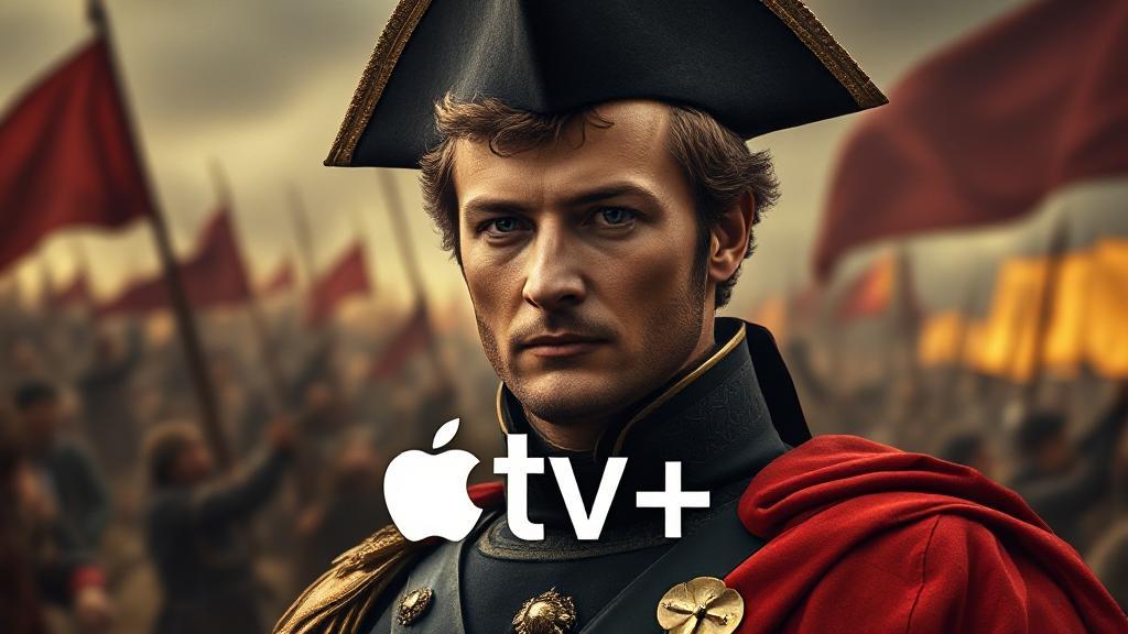 A dramatic portrait of Napoleon Bonaparte, set against a backdrop of historical battle scenes, with the Apple TV+ logo subtly integrated.