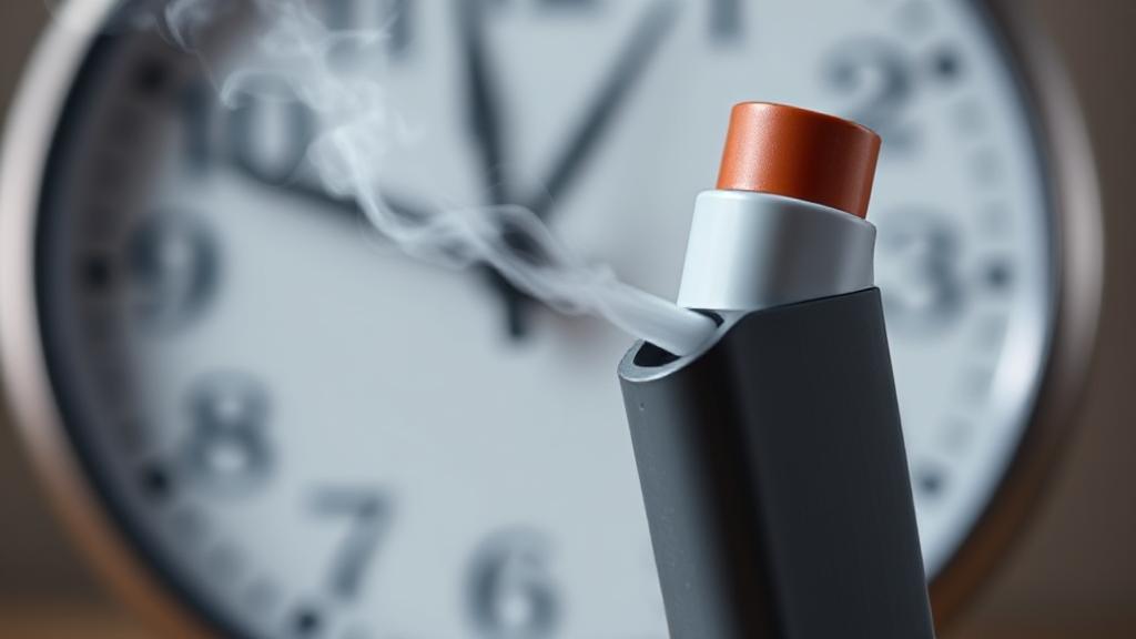 A close-up image of an inhaler releasing a mist, set against a blurred background of a clock to symbolize the timing of albuterol side effects.