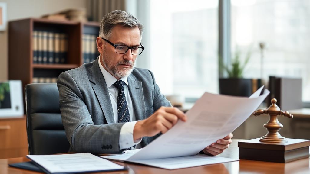 A professional will lawyer reviewing legal documents in a well-organized office setting, symbolizing expertise and trust.