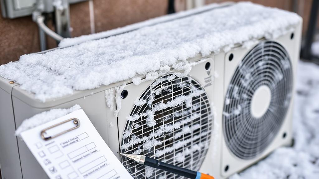 A close-up image of a frosty air conditioner unit with tools and a maintenance checklist in the foreground.