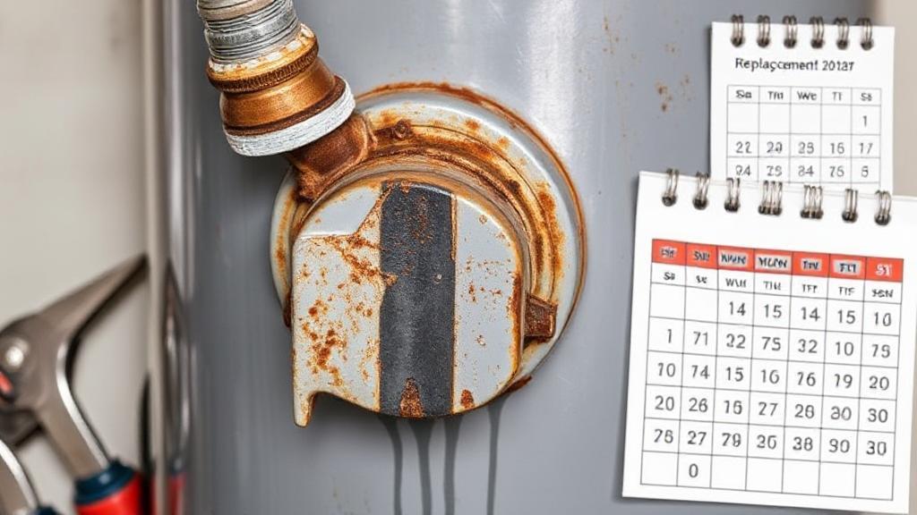 A close-up image of a water heater with visible rust and leaks, surrounded by tools and a calendar marked with replacement dates.
