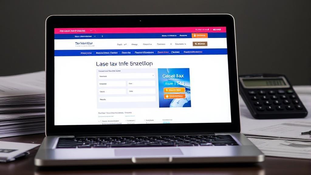 A laptop displaying a tax filing website, surrounded by financial documents and a calculator, symbolizing the ease of filing taxes online for free.