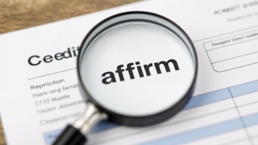 A close-up image of a credit report document with a magnifying glass highlighting the word "Affirm."