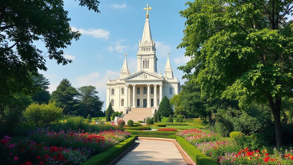 A serene depiction of the Salt Lake Temple surrounded by lush gardens, symbolizing the faith and community of Latter-day Saints.