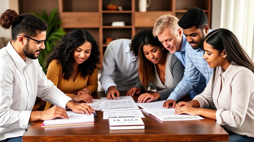 A diverse group of individuals reviewing tax documents at a table, symbolizing the various people who need to file taxes.