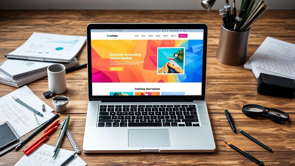A sleek laptop displaying a vibrant website design, surrounded by design tools and notes, symbolizing the process of website creation.