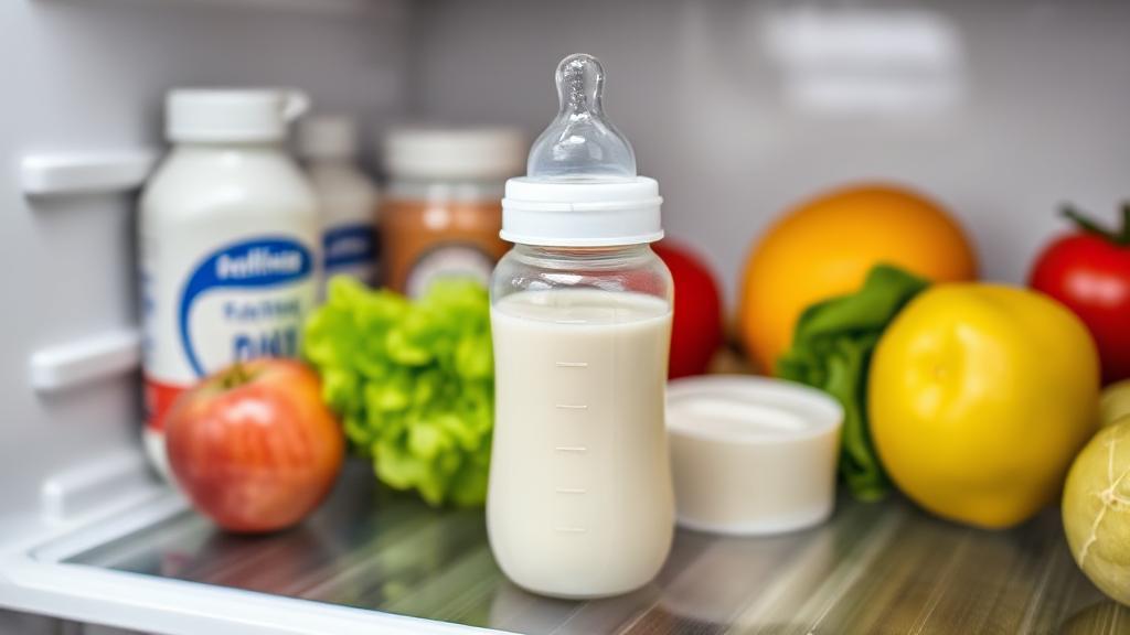 A close-up image of a baby bottle filled with formula, placed on a refrigerator shelf alongside fresh produce and dairy products.