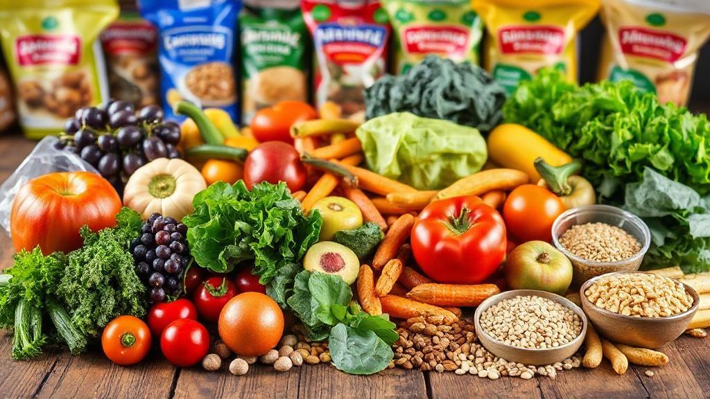 A vibrant spread of fresh fruits, vegetables, whole grains, and nuts arranged on a rustic wooden table, contrasting with packaged processed foods in the background.