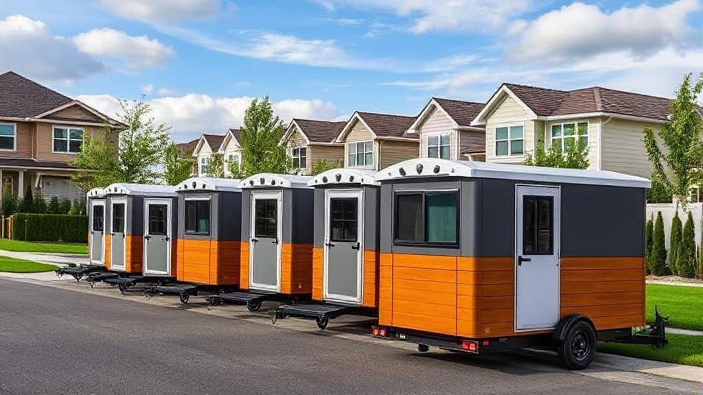 A dynamic image showcasing a row of moving pods against a backdrop of a suburban neighborhood, illustrating the convenience and modernity of portable storage solutions.