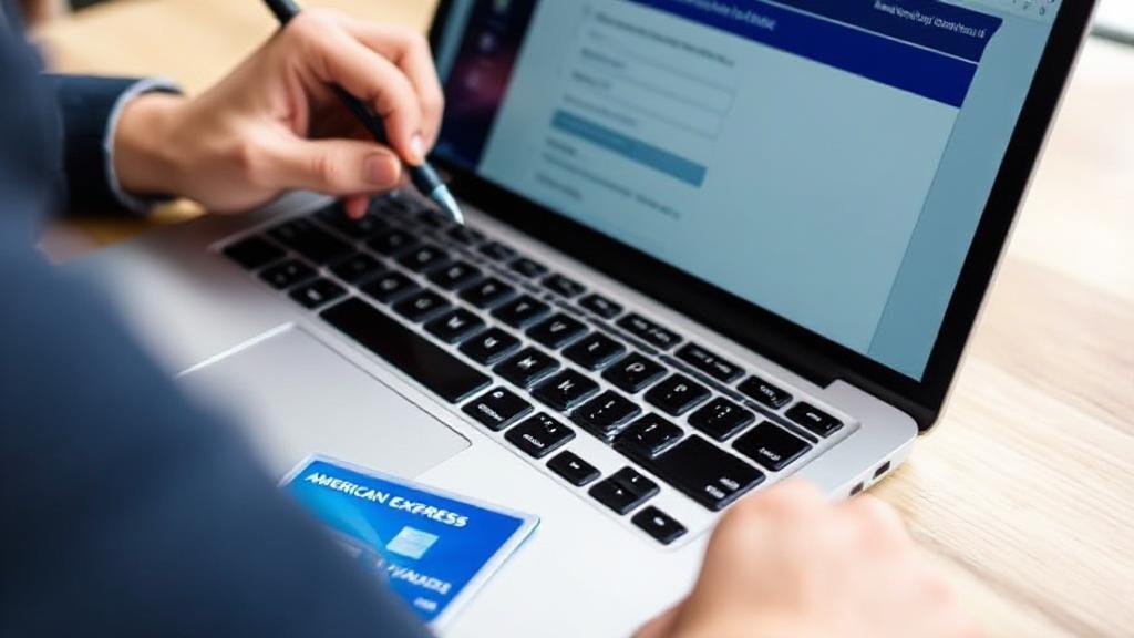 A close-up image of a person filling out an online application form on a laptop, with an American Express card beside the keyboard.