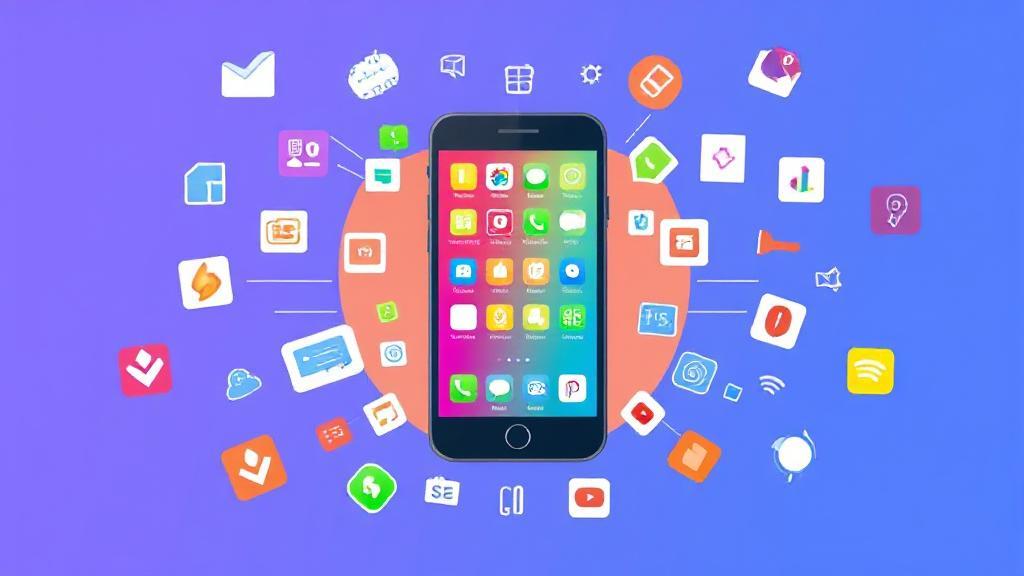 A vibrant illustration of a smartphone surrounded by app icons and design tools, symbolizing the mobile app development process.