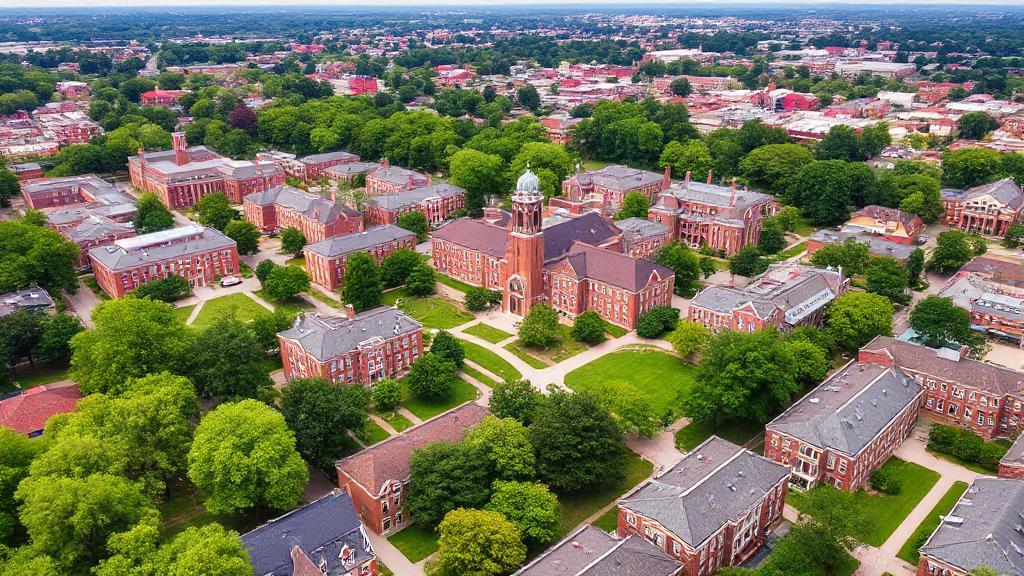 A vibrant aerial view of St. John's University's campus, showcasing its iconic red-brick buildings and lush green surroundings.