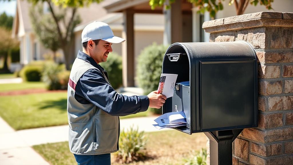 A postal worker placing letters into a residential mailbox on a sunny day.