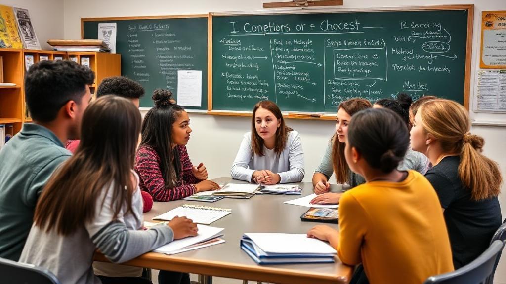 A diverse group of students engaged in a classroom discussion, surrounded by educational materials and a chalkboard displaying key concepts of secondary education.