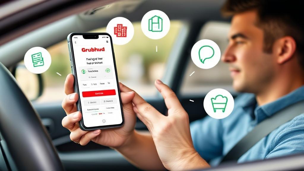 A Grubhub driver in a car, holding a smartphone with the Grubhub app open, surrounded by icons representing earnings, tips, and incentives.
