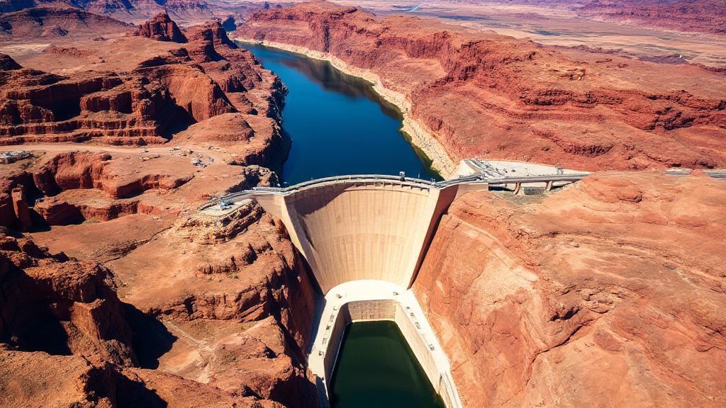 Aerial view of the Hoover Dam straddling the Colorado River between Arizona and Nevada, surrounded by rugged desert landscape.