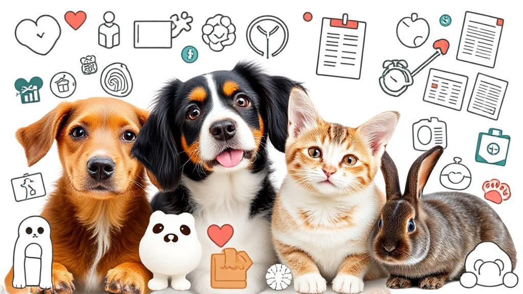 A playful collage of various pets, including a dog, cat, and rabbit, surrounded by icons of medical symbols and insurance documents.