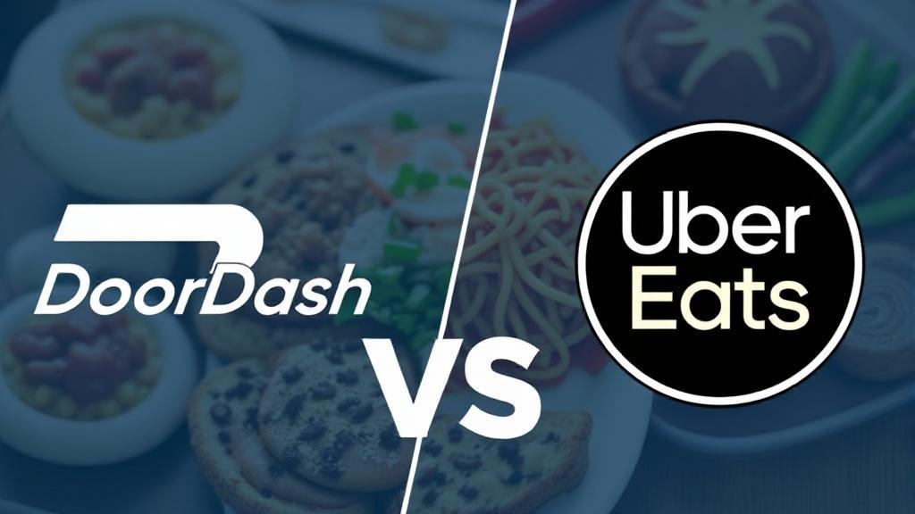 A split-screen image showing the DoorDash and Uber Eats logos with a variety of food items in the background, symbolizing the competition between the two delivery services.
