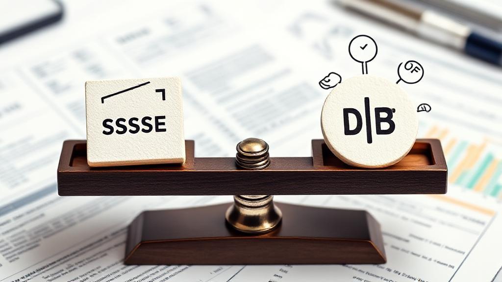 A balanced scale with credit score icons on one side and debt-related symbols on the other, set against a backdrop of financial documents.