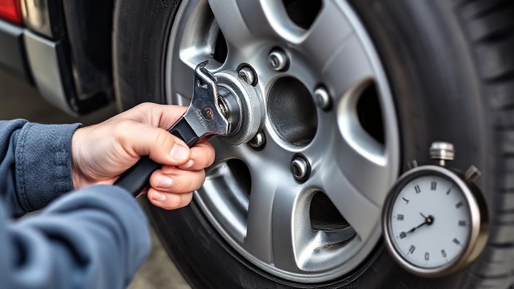 A close-up image of a person using a lug wrench to remove a tire from a car, with a stopwatch in the background to emphasize time.