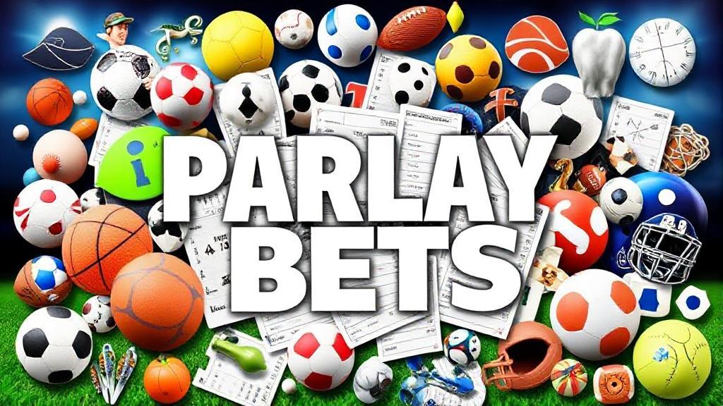 A dynamic collage of various sports icons and betting slips, symbolizing the excitement and complexity of parlay bets in sports betting.