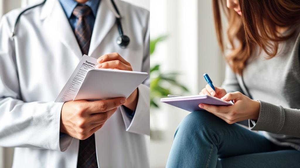 A split image depicting a psychiatrist with a prescription pad on one side and a therapist with a notepad on the other, symbolizing their distinct roles in mental health care.