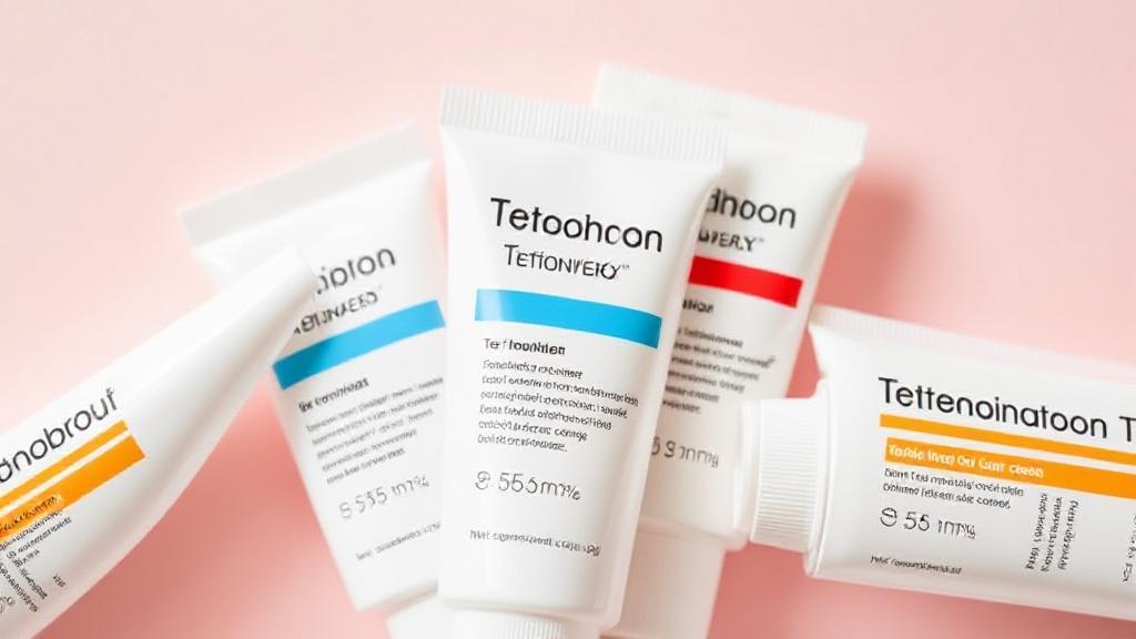 A close-up image of various tretinoin cream tubes with different percentage labels, set against a soft pastel background.