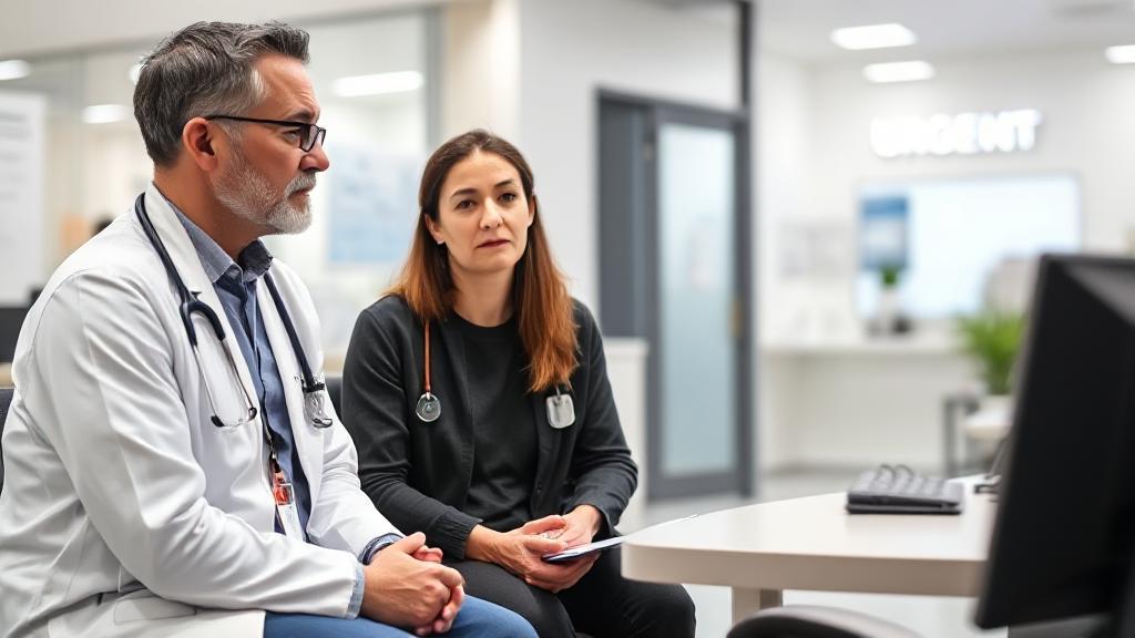 A concerned patient consults with a healthcare professional in a modern urgent care clinic.