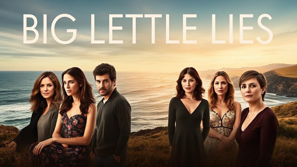A captivating collage of the main cast of "Big Little Lies" set against a backdrop of the dramatic Monterey coastline.