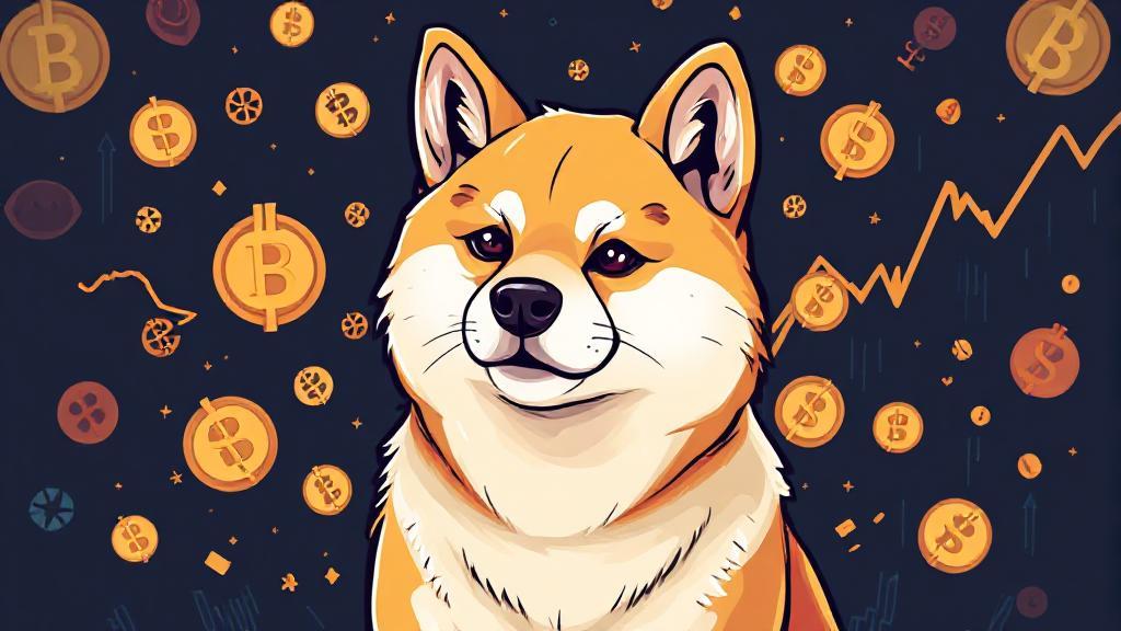 A dynamic illustration of a Shiba Inu dog surrounded by cryptocurrency symbols and fluctuating market graphs.