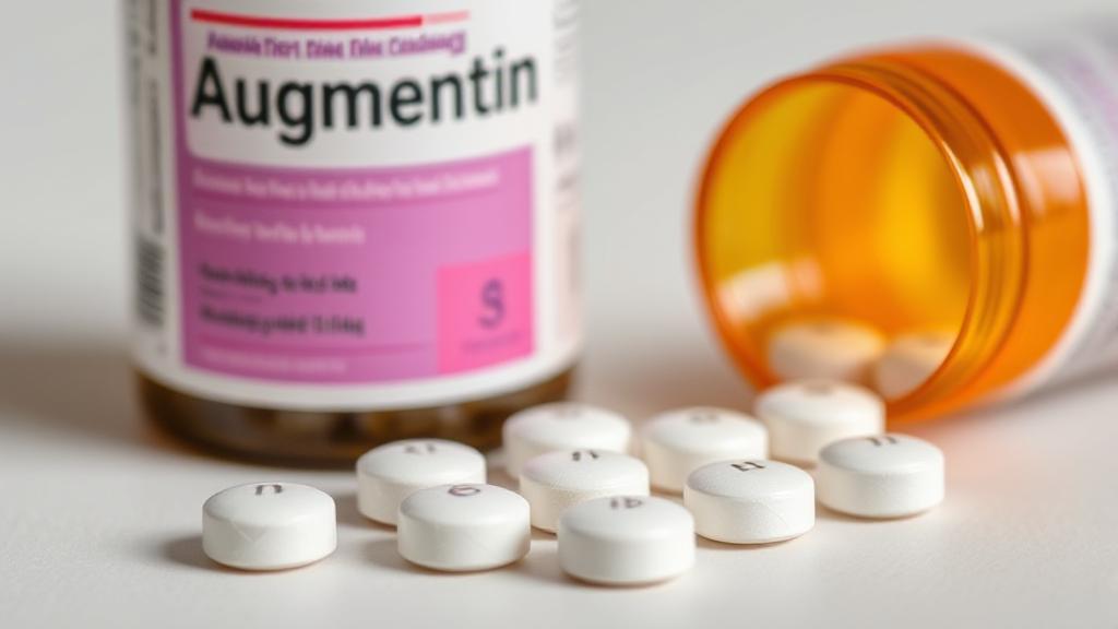 A close-up of Augmentin tablets alongside a prescription bottle on a neutral background.