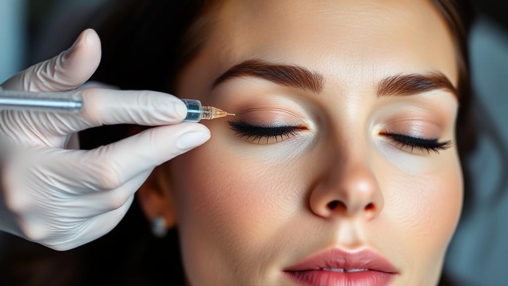 A close-up image of a serene woman receiving a Botox injection in her forehead, highlighting the precision and care involved in the procedure.