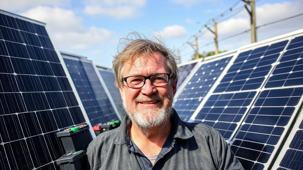 A dynamic portrait of Will Prowse surrounded by solar panels and batteries, symbolizing his expertise in solar energy and off-grid living.