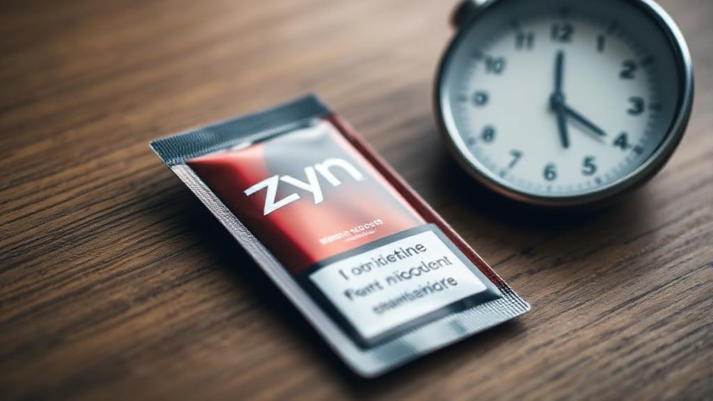 A close-up image of a Zyn nicotine pouch on a wooden table, with a subtle clock overlay to symbolize the duration of its effects.