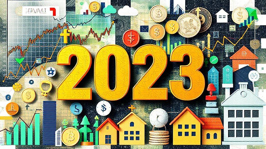 A dynamic collage of stock market graphs, cryptocurrency symbols, and real estate icons, symbolizing diverse investment opportunities for 2023.