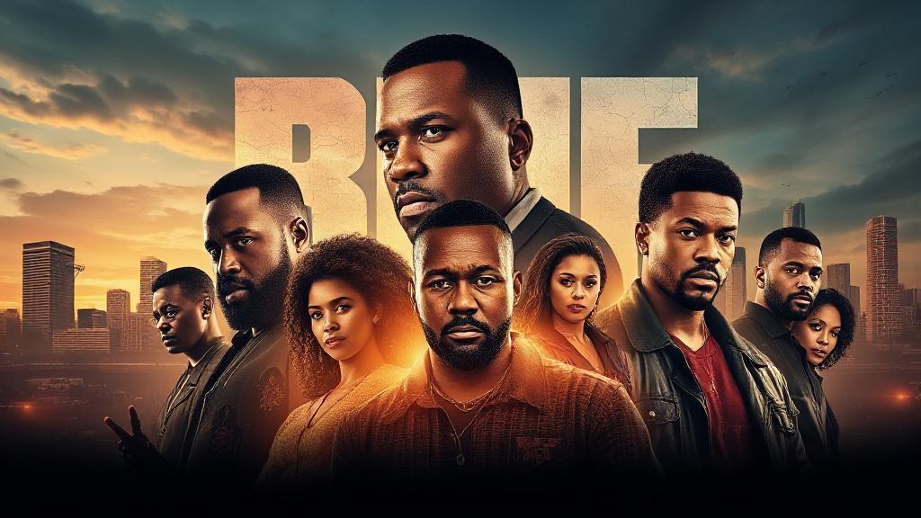 A dynamic collage featuring key characters from "BMF" against a backdrop of Detroit's skyline, highlighting the gritty and ambitious essence of the series.