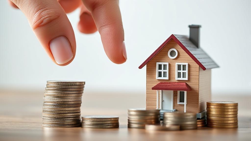 A close-up image of a hand placing a stack of coins next to a miniature house model, symbolizing the concept of a down payment in real estate.