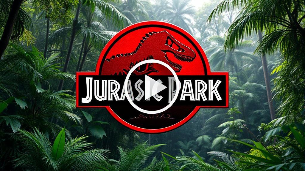 A captivating header image featuring the iconic Jurassic Park logo set against a lush, prehistoric jungle backdrop with a streaming play button overlay.