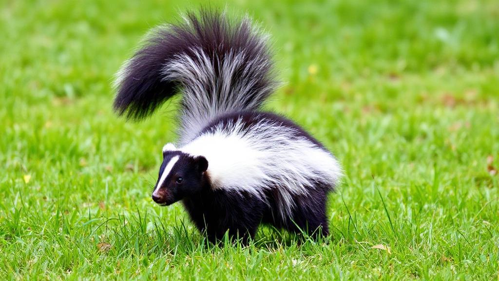 A skunk poised in a grassy field, tail raised, illustrating its defensive spray mechanism.